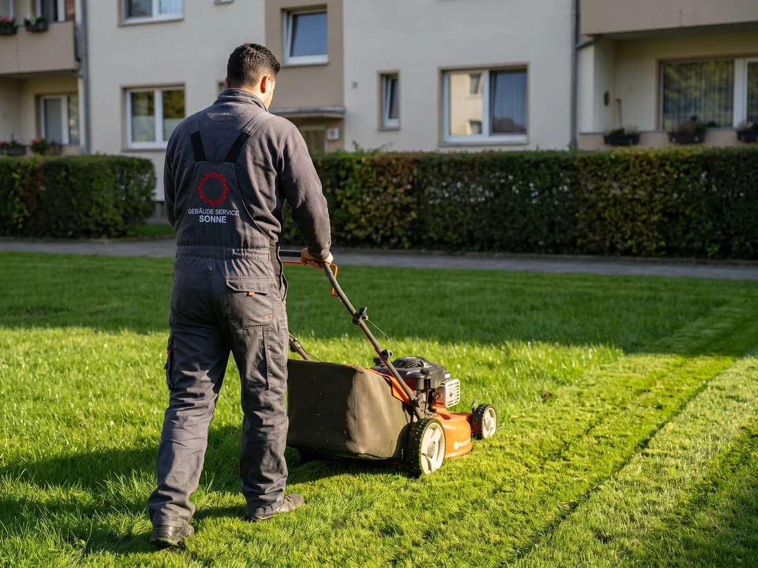 Rasenmähen vor einem Mehrfamilienhaus (Symbolbild, KI-generiert)